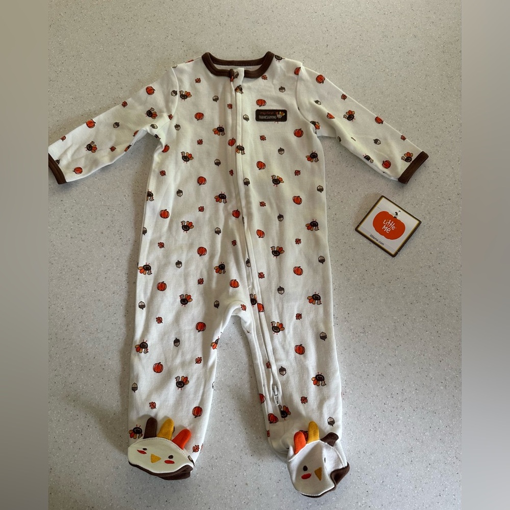NWT My First Thanksgiving Footies Onesies PJ Turkey Pumpkin Baby 6M. Little Me